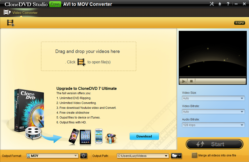 CloneDVD Studio Free AVI to MOV Converte software