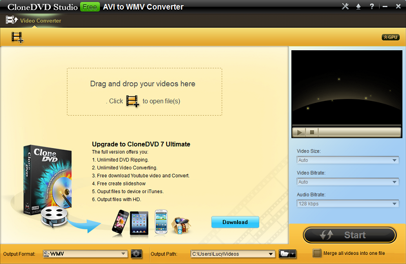 CloneDVD Free AVI to WMV Converter 1.0.0.0 full